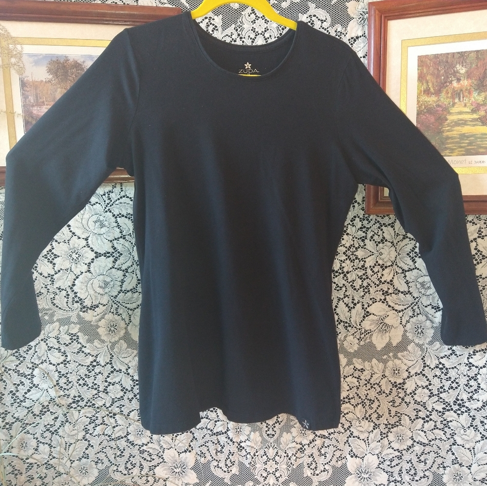Zuda black long sleeve t shirt crew neck lounge wear pima cotton loose fitting